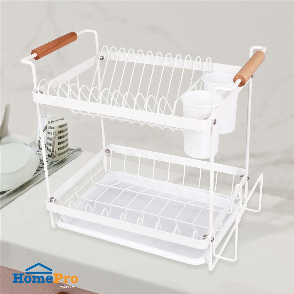 ชั้นคว่ำจาน 2 ชั้น พร้อมถาดรองน้ำและด้ามจับไม้ KECH MODISH สีขาว