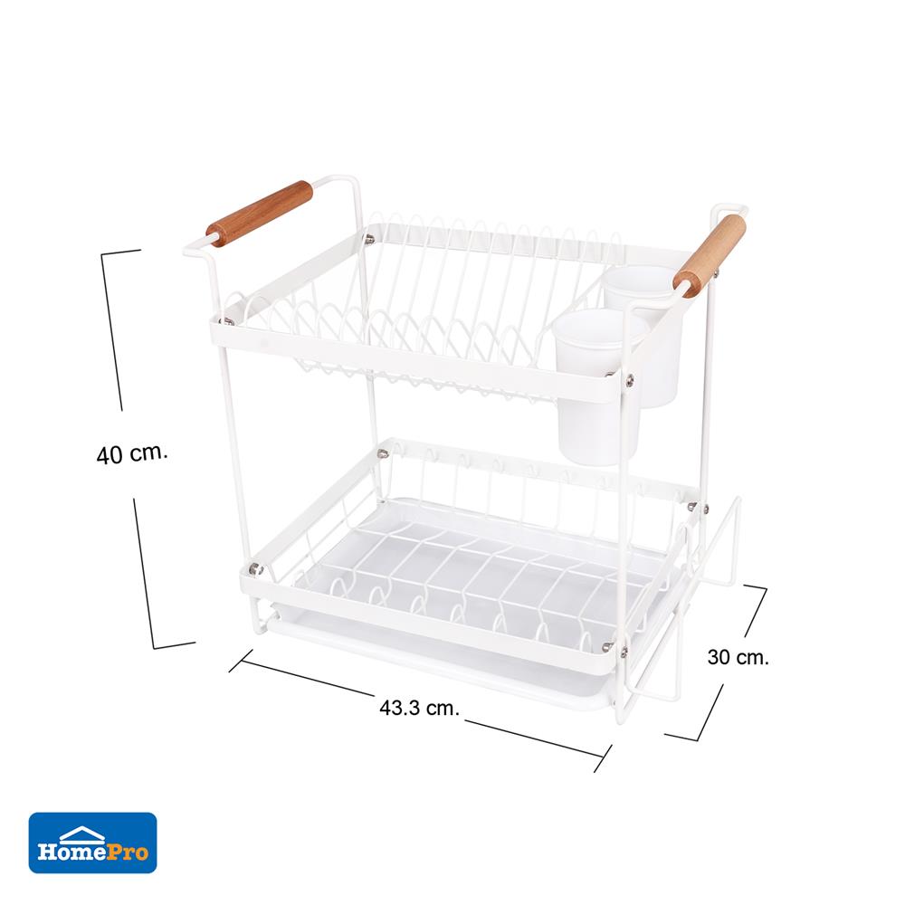 ชั้นคว่ำจาน 2 ชั้น พร้อมถาดรองน้ำและด้ามจับไม้ KECH MODISH สีขาว