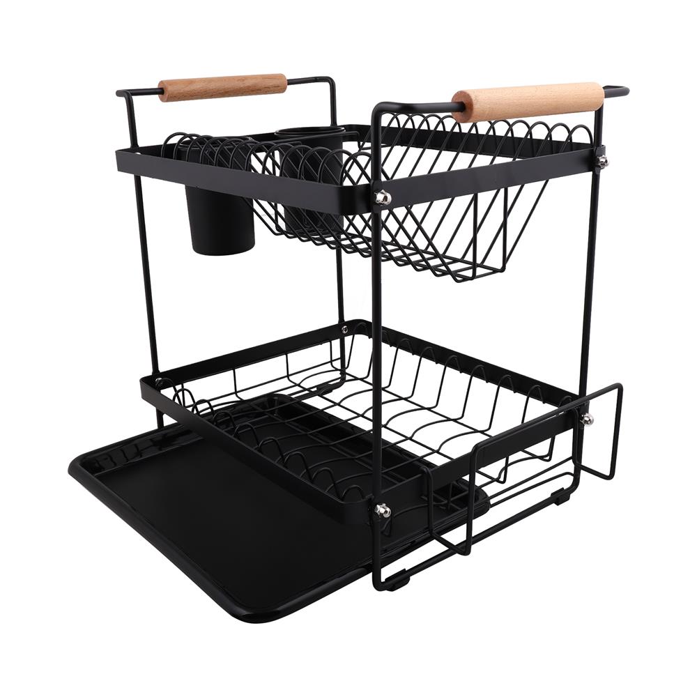 ชั้นคว่ำจาน 2 ชั้น พร้อมถาดรองน้ำและด้ามจับไม้ KECH MODISH สีดำ