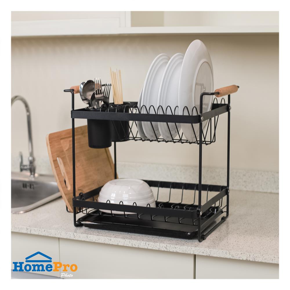 ชั้นคว่ำจาน 2 ชั้น พร้อมถาดรองน้ำและด้ามจับไม้ KECH MODISH สีดำ