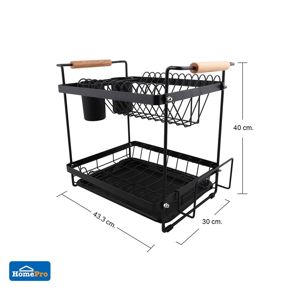 ชั้นคว่ำจาน 2 ชั้น พร้อมถาดรองน้ำและด้ามจับไม้ KECH MODISH สีดำ