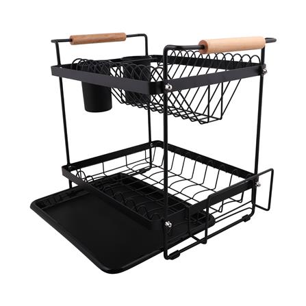 ชั้นคว่ำจาน 2 ชั้น พร้อมถาดรองน้ำและด้ามจับไม้ KECH MODISH สีดำ_2