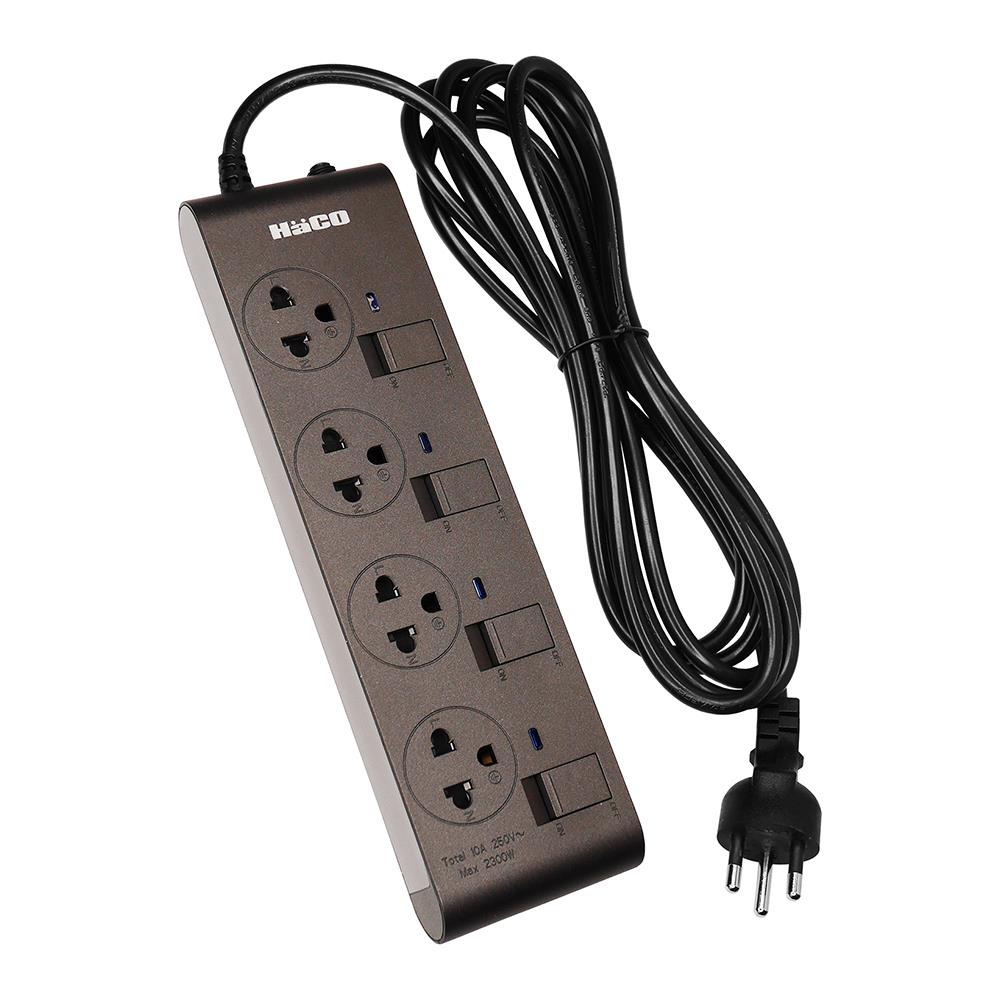 รางปลั๊กไฟ 4 ช่อง 4 สวิตช์ HACO EJ-4S4EB/3-CC 10A 3 ม. สีช็อกโก