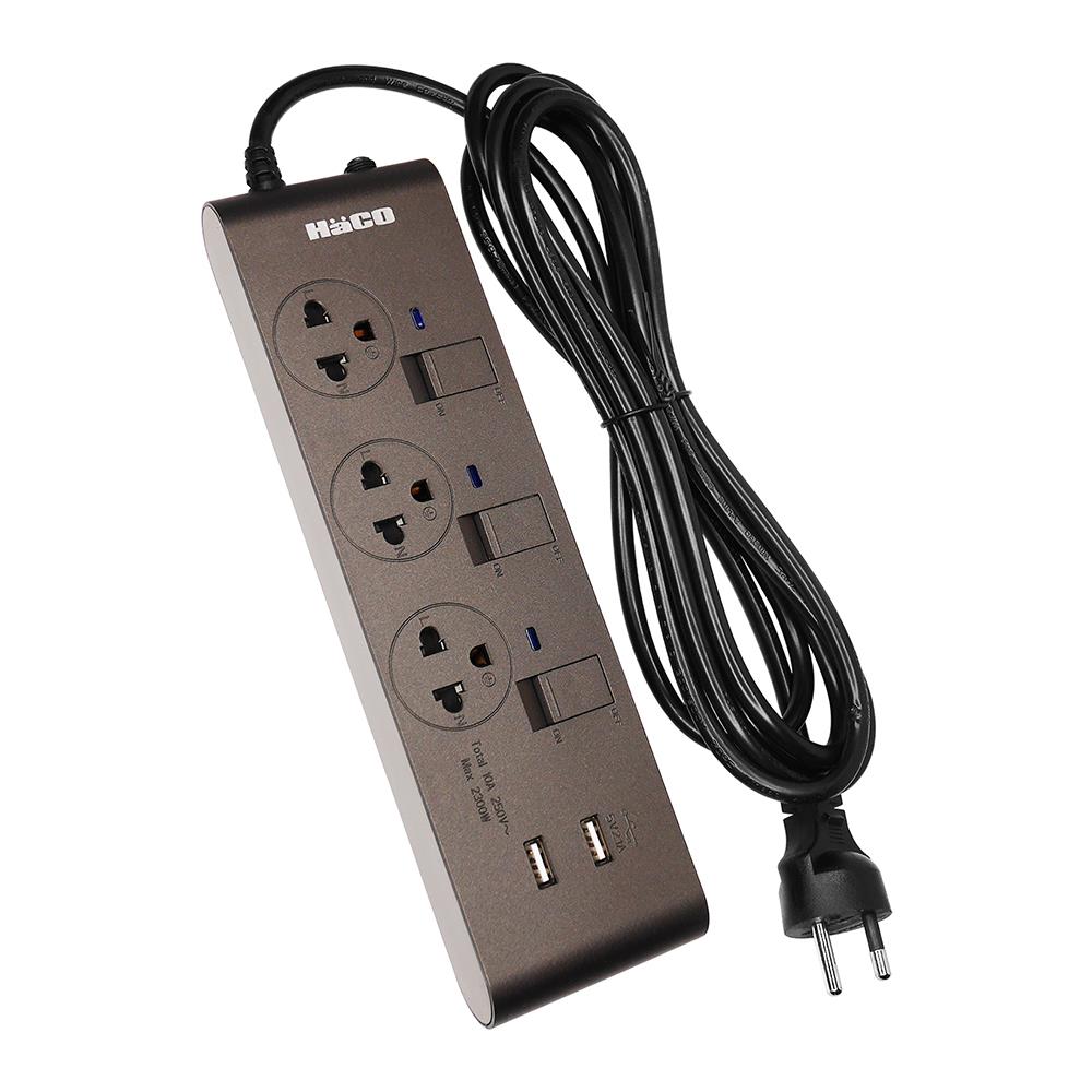 รางปลั๊กไฟ 3 ช่อง 3 สวิตช์ 2 USB HACO-EJ-3S3EBUSB/3-CC 10A 3 ม. สีช็อกโก