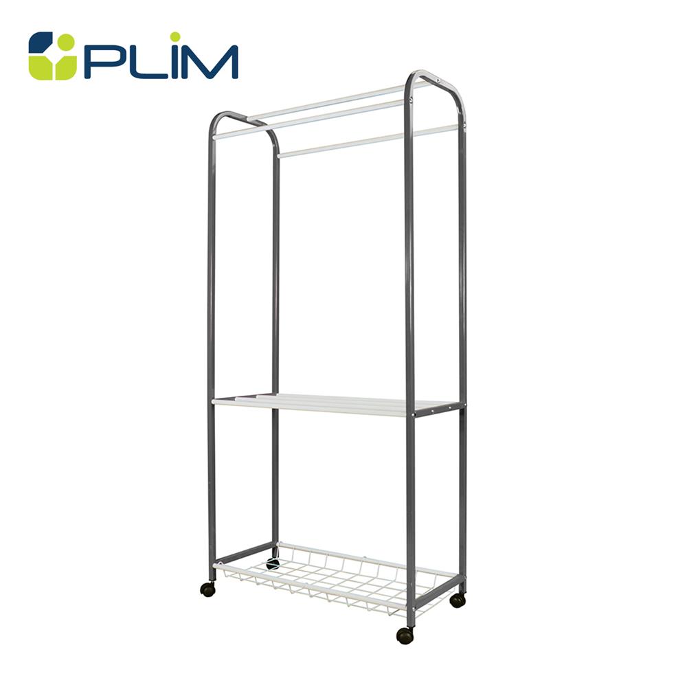 ราวตากผ้ามีล้อ 2 ชั้น พร้อมตะแกรงวางของ PLIM 80 ซม. สีเทา/ขาว