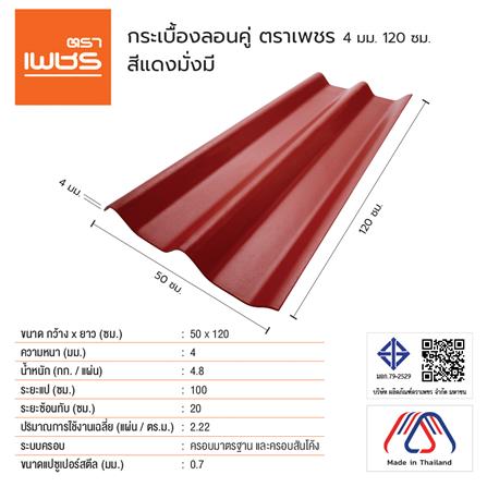 กระเบื้องหลังคา ลอนคู่ ตราเพชร 0.4x50x120 ซม. สีแดงมั่งมี_2