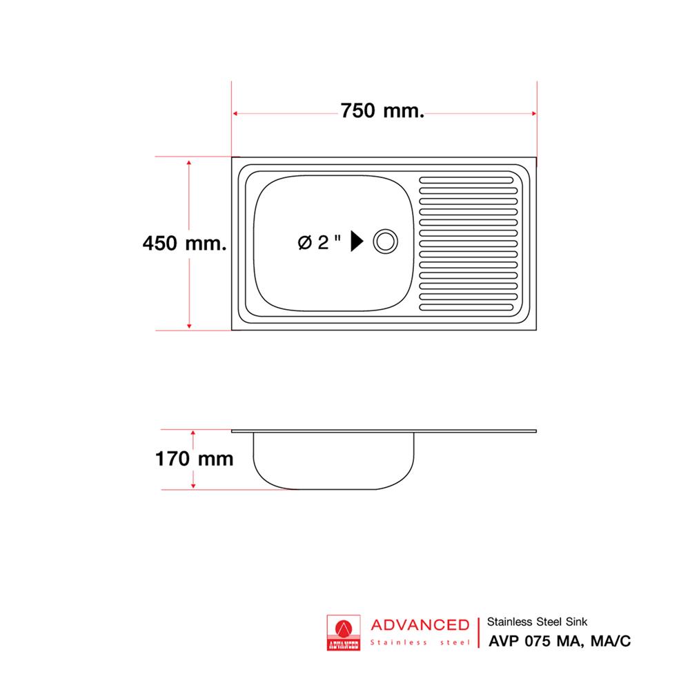 ซิงค์ฝัง 1 หลุม 1 ที่พัก ADVANCED AVP 075MA/C สีเงิน