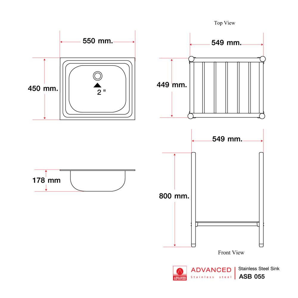 ซิงค์ขาตั้ง 1 หลุม ADVANCED ASB 055MB สีเงิน
