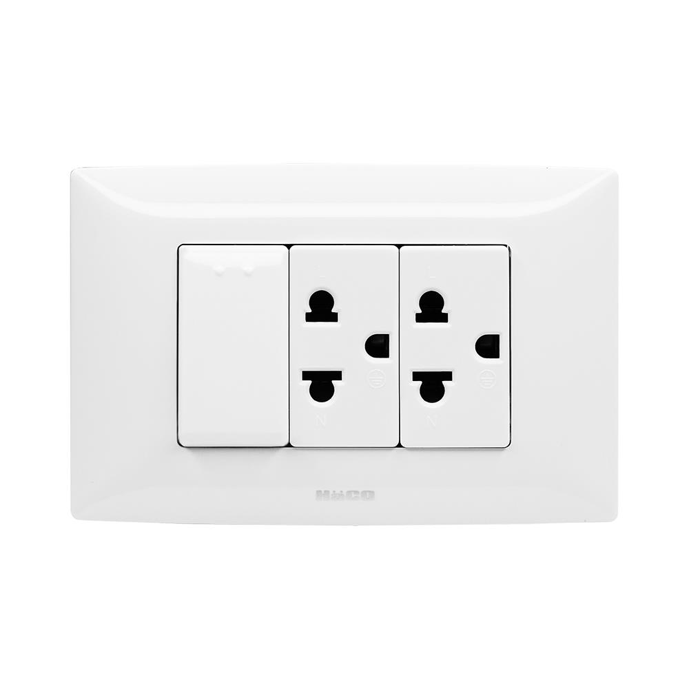 ชุดเต้ารับคู่ 3 ขา + สวิตซ์ 1 ทาง HACO AP-E21 สีขาว