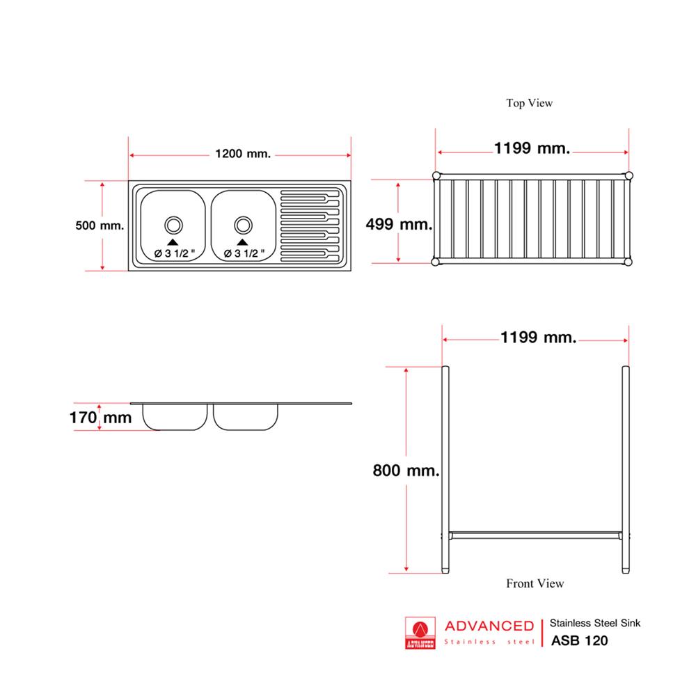 ซิงค์ขาตั้ง 2 หลุม 1 ที่พัก ADVANCED ASB 120MB  สีเงิน