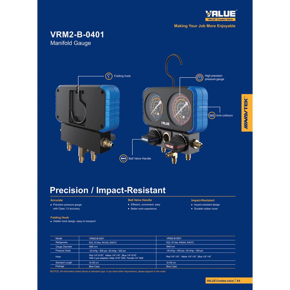 เกจ์วัดน้ำยา R22 พร้อมสาย VALUE VRM2-B-0501