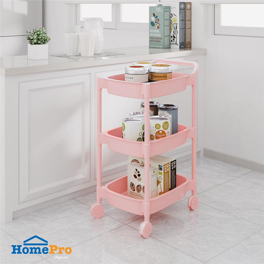 ชั้นวางของ 3 ชั้น มีล้อ STACKO 49.8x33x81 ซม. สีชมพู