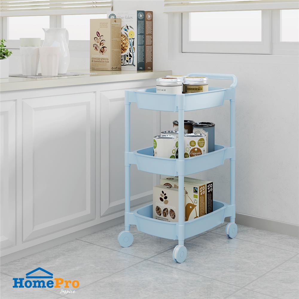 ชั้นวางของ 3 ชั้น มีล้อ STACKO 49.8x33x81 ซม. สีฟ้า