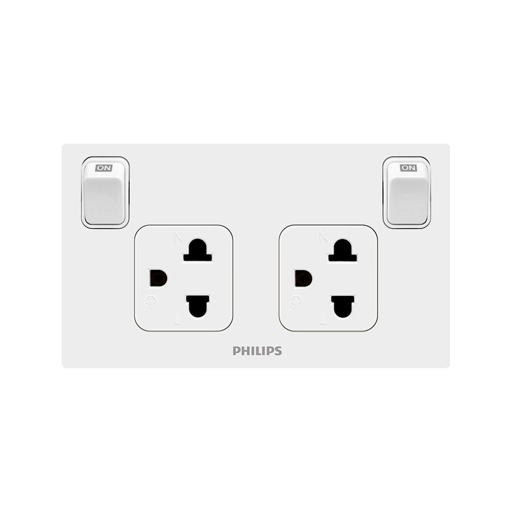 ชุดเต้ารับคู่ มีสวิตช์คุม PHILIPS LEAF สีขาว