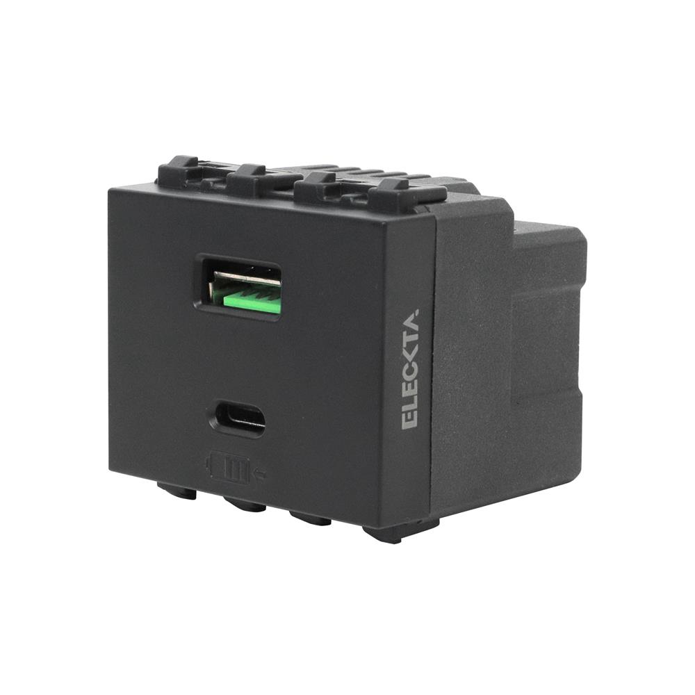 เต้ารับ USB 1 ช่อง + TYPE C 1 ช่อง ELECKTA BASIC สีดำ