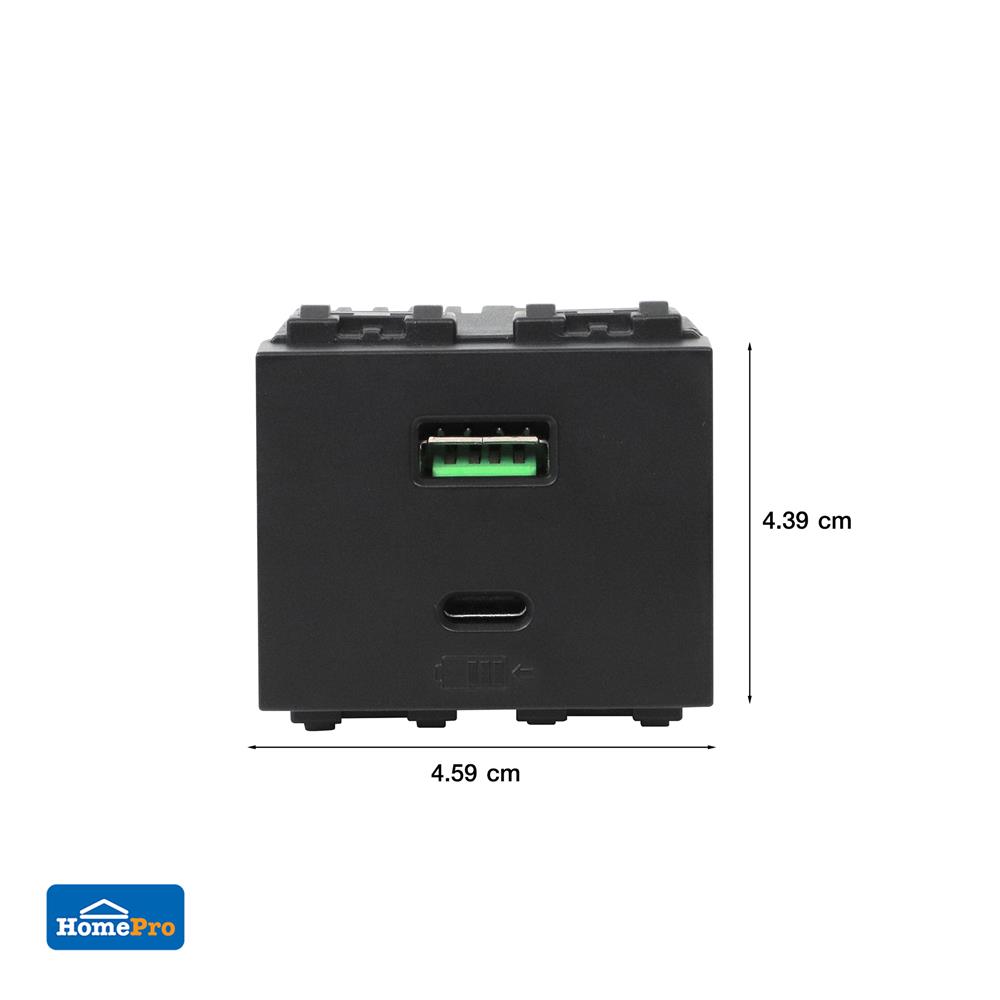 เต้ารับ USB 1 ช่อง + TYPE C 1 ช่อง ELECKTA BASIC สีดำ