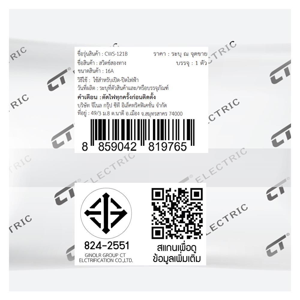 สวิตช์ 2 ทาง CT ELECTRIC CWS-121B ขนาด 1 ช่อง สีดำ