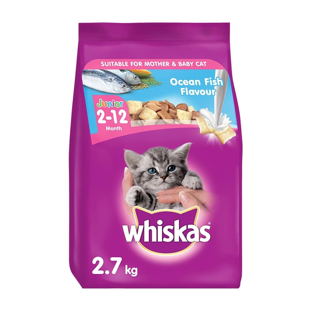 อาหารแมว WHISKAS JUNIOR พ็อกเก็ต รสปลาทะเลและนม 2.7 กก.