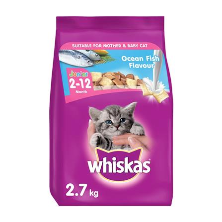 อาหารแมว WHISKAS JUNIOR พ็อกเก็ต รสปลาทะเลและนม 2.7 กก.