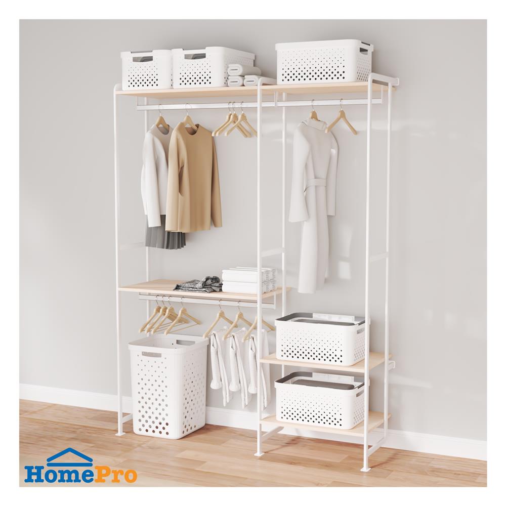 ราวแขวนผ้าติดผนัง 3 ราวแขวนพร้อมชั้นวางของ 150 ซม. PLIM BLISS สีขาว/วอลนัท