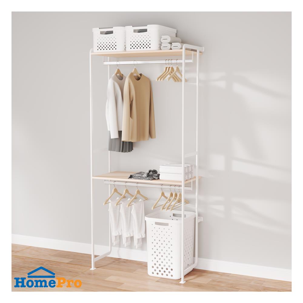 ราวแขวนผ้าติดผนัง 2 ราวแขวนพร้อมชั้นวางของ 90 ซม. PLIM BLISS สีขาว/วอลนัท