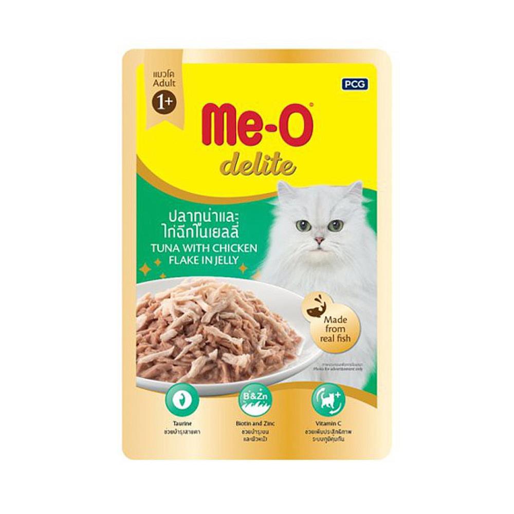 อาหารเปียกแมว MEO DELITE ปลาทูน่าและไก่ฉีกในเจลลี่ 70 ก.