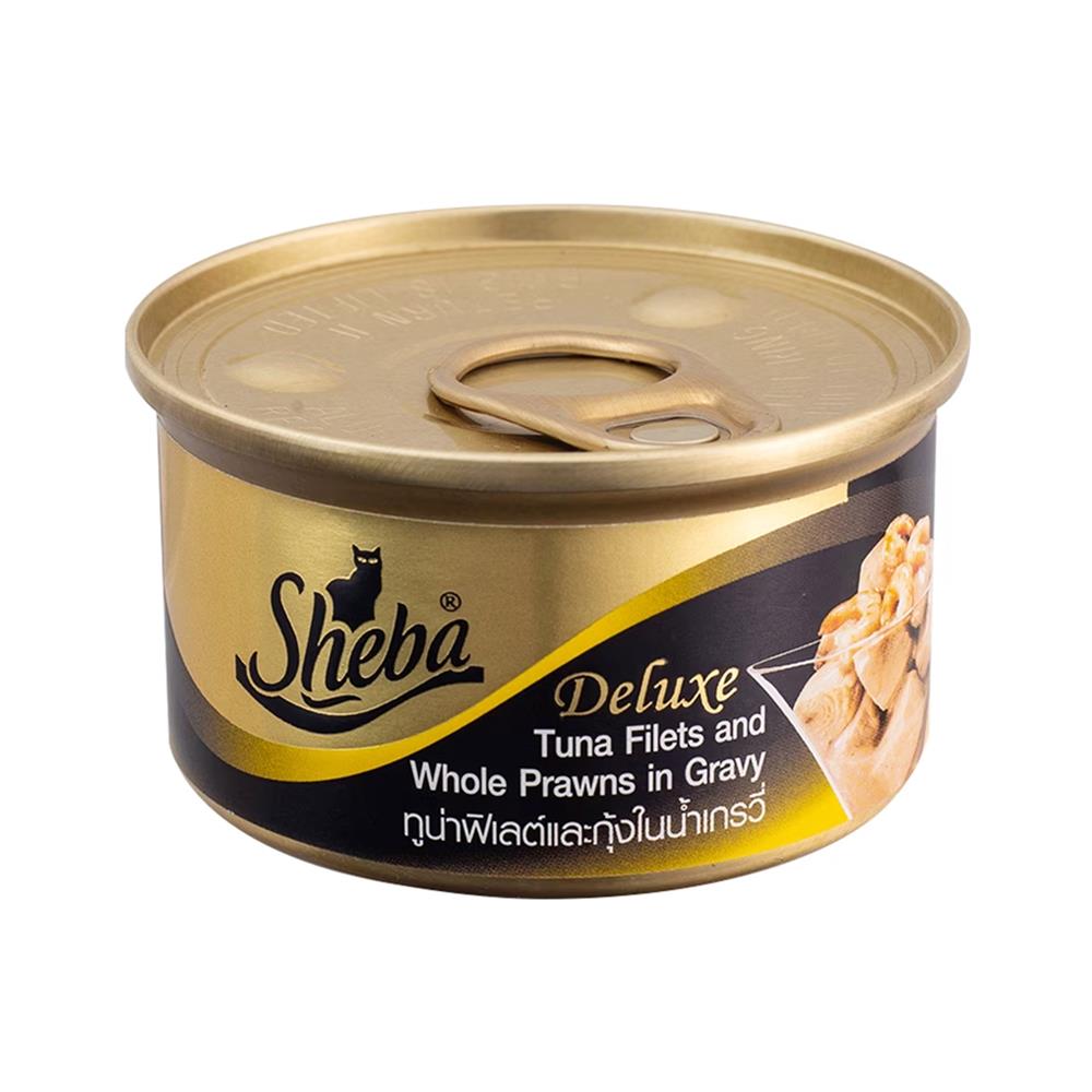 อาหารเปียกแมว SHEBA DELUXE TUNA FILETS AND WHOLE PRAWNS GRAVY 85 ก.
