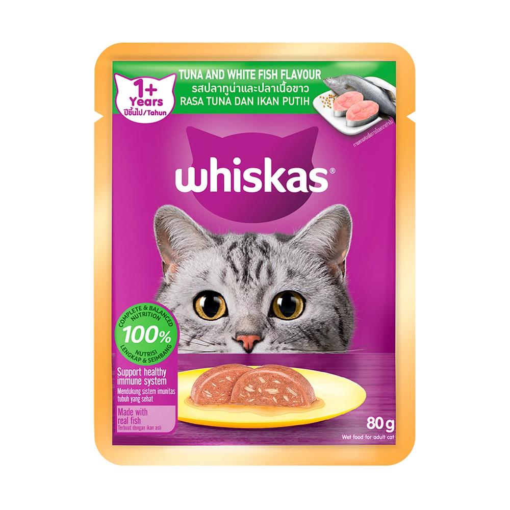 อาหารเปียกแมว WHISKAS รสปลาทูน่าและปลาเนื้อขาว 80 ก.