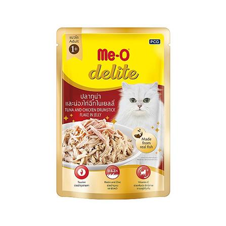 อาหารเปียกแมว MEO DELITE ปลาทูน่าและน่องไก่ฉีกในเจลลี่ 70 ก.