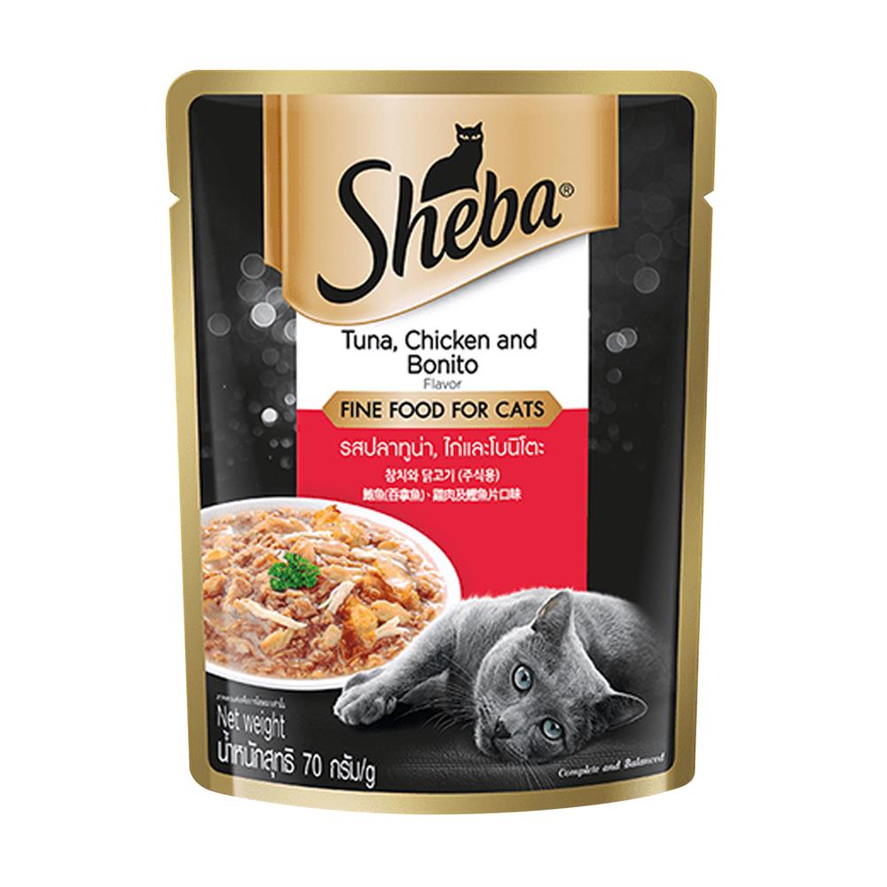 อาหารเปียกแมว SHEBA DELUXE TUNA CHICKEN AND BONITO FLAVOR 70 ก.