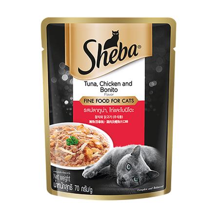 อาหารเปียกแมว SHEBA DELUXE TUNA CHICKEN AND BONITO FLAVOR 70 ก.