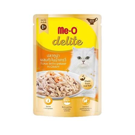 อาหารเปียกแมว MEO DELITE ปลาทูน่าผสมกุ้งในน้ำเกรวี่ 70 ก.