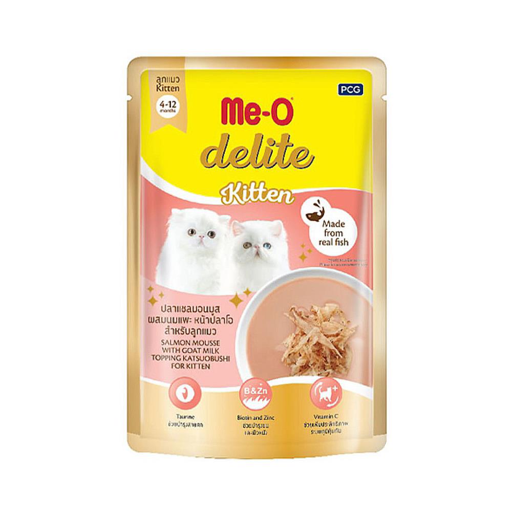 อาหารเปียกแมว MEO DELITE KITTEN ปลาแซลมอนมูส ผสมนมแพะ หน้าปลาโอ 70 ก.