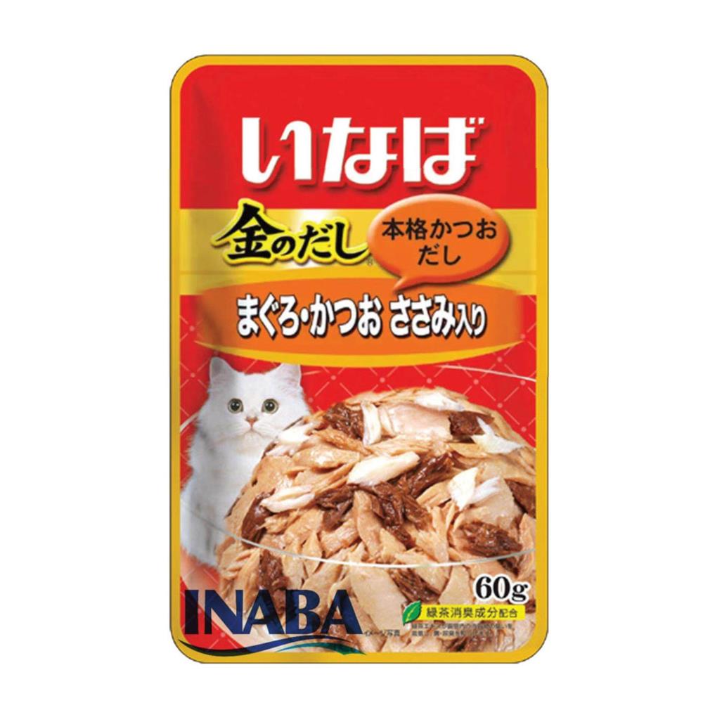 อาหารเปียกแมว INABA TUNA AND KATSUO IN JELLY TOPPING CHICKEN FILLET 60 ก.