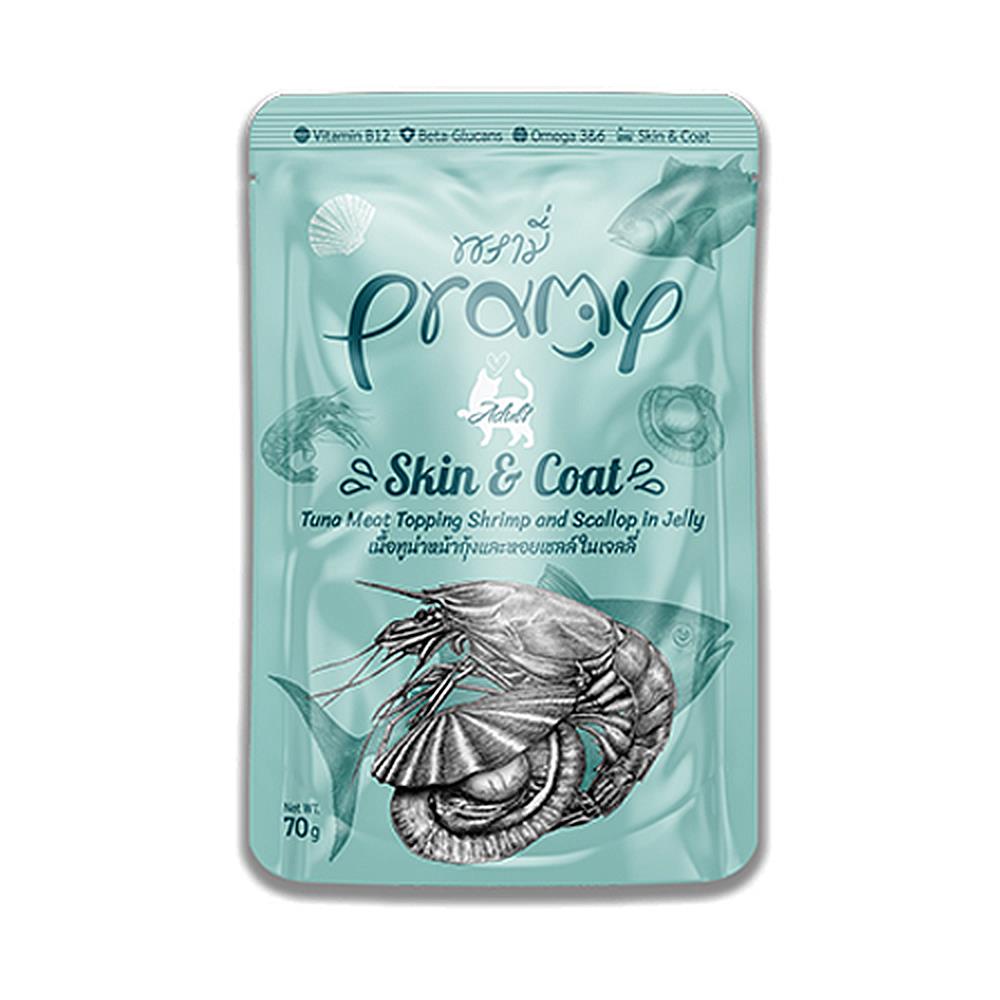 อาหารเปียกแมว PRAMY ADULT SKIN AND COAT TUNA TOPPING SHRIMP & SCALLOP IN JELLY 70 ก.