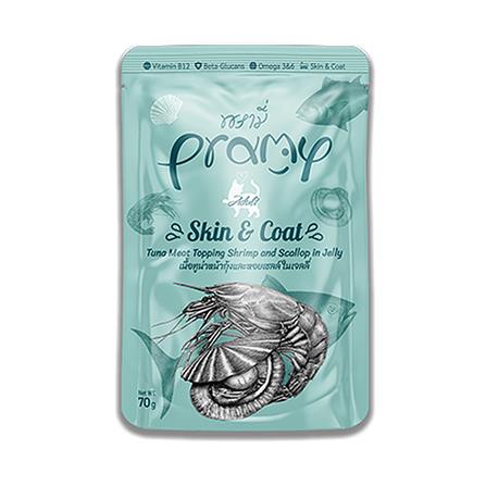 อาหารเปียกแมว PRAMY ADULT SKIN AND COAT TUNA TOPPING SHRIMP & SCALLOP IN JELLY 70 ก.