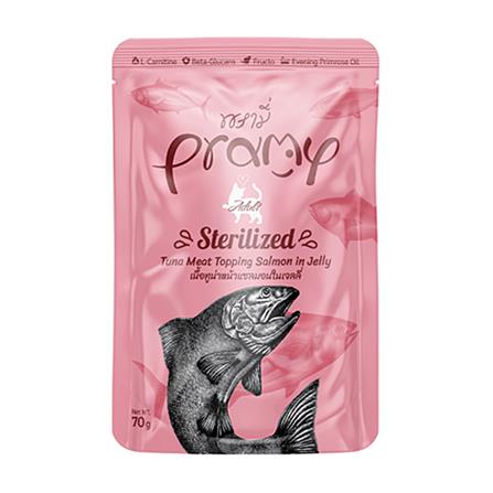 อาหารเปียกแมว PRAMY ADULT STERILIZED TUNA TOPPING SALMON IN JELLY 70 ก.
