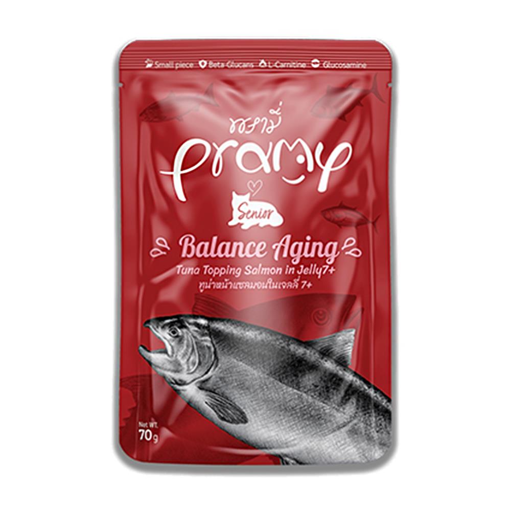 อาหารเปียกแมว PRAMY SENIOR BALANCE AGING TUNA TOPPING SALMON IN JELLY 70 ก.