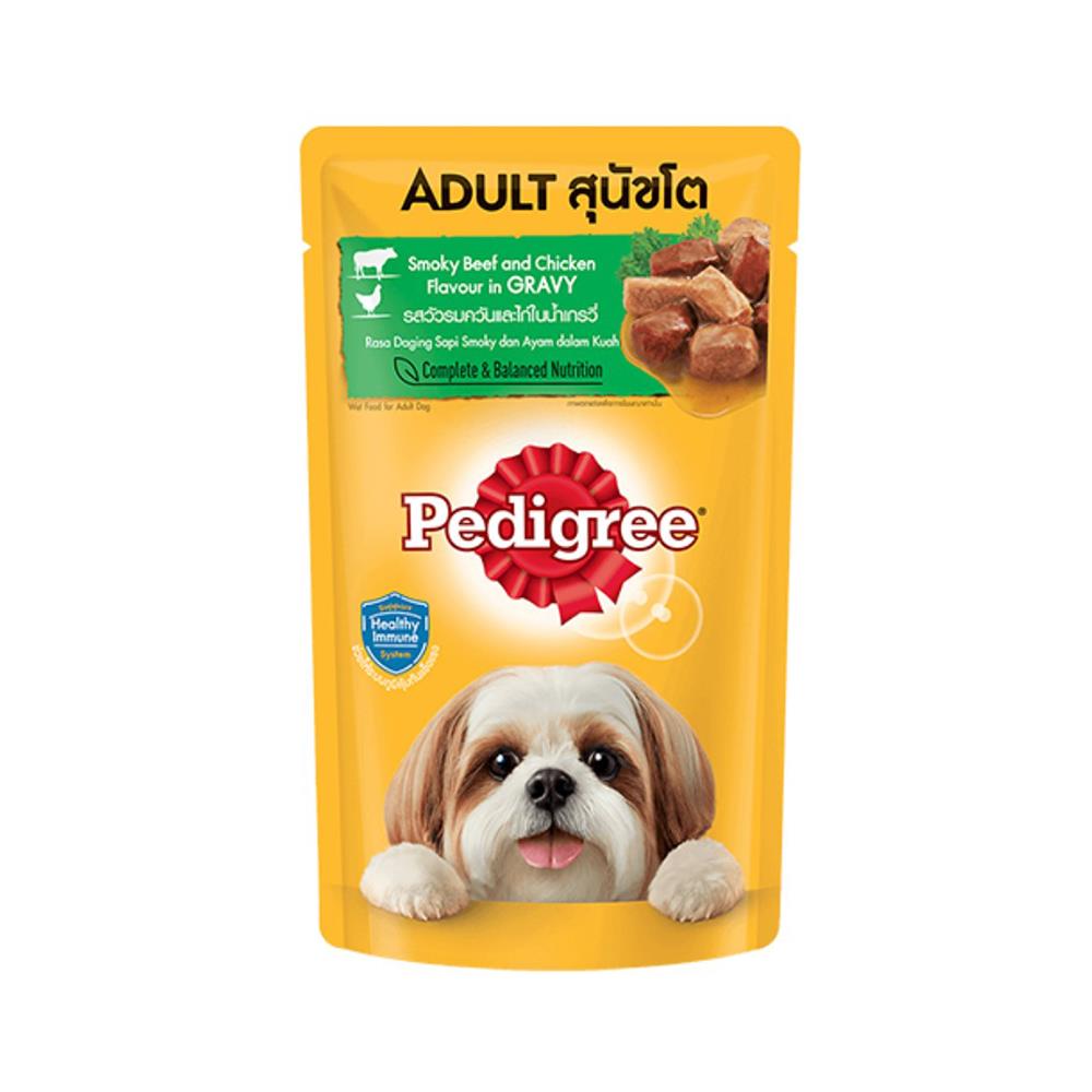 อาหารเปียกสุนัข PEDIGREE ADULT รสเนื้อวัวรมควันและไก่น้ำเกรวี่ 130 ก.