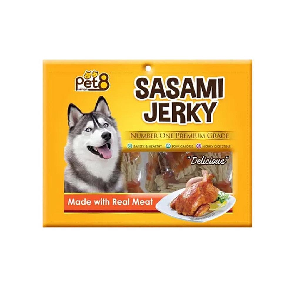 ขนมสุนัข PET8 SASAMI JERKY ไก่พันเส้นปลา 140 ก.
