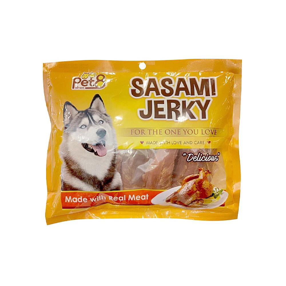 ขนมสุนัข PET8 SASAMI JERKY สันในไก่อบแห้ง 160 ก.