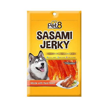ขนมสุนัข PET8 SASAMI JERKY JJ01 สันในไก่เจอกี้สไลซ์ 50 ก.
