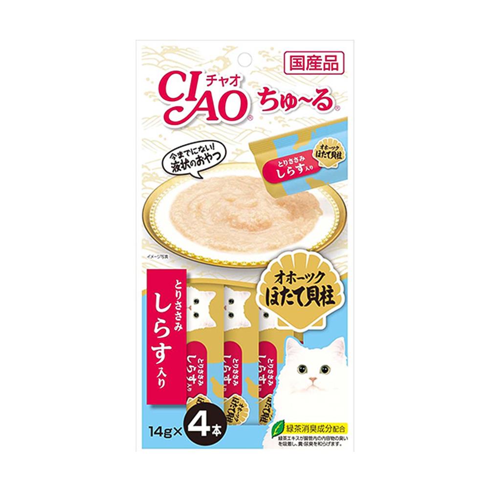 ขนมแมวเลีย CIAO-CHURU CHICKEN & SCALLOP & SHIRASU แพ็ก 4 ชิ้น