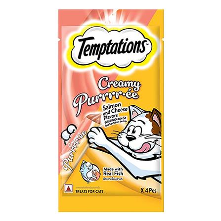 ขนมแมวเลีย TEMPTATIONS CREAMY PUREE SALMON & CHEESE 48 กรัม (แพ็ก 4 ชิ้น)
