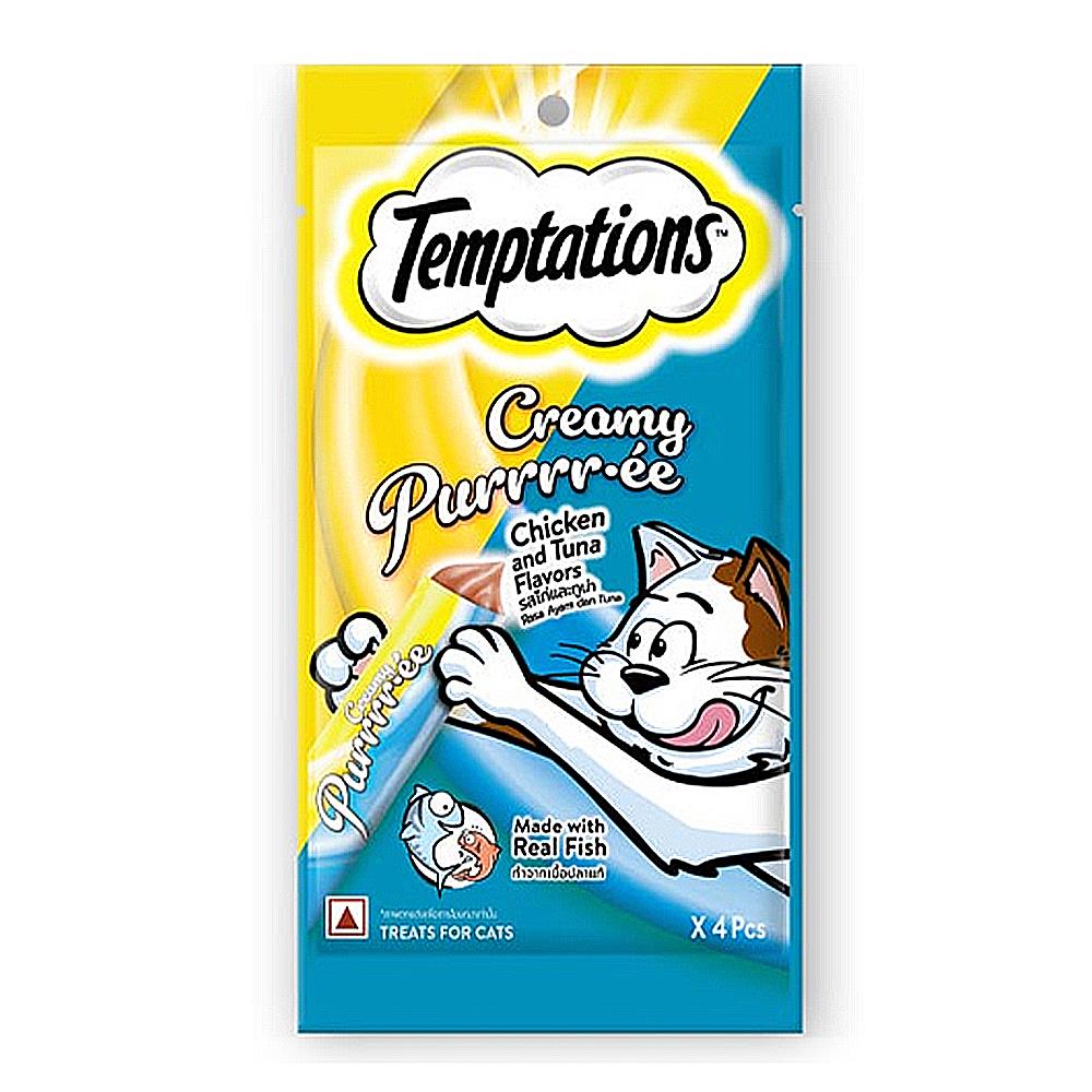 ขนมแมวเลีย TEMPTATIONS CREAMY PUREE CHICKEN & TUNA 48 กรัม (แพ็ก 4 ชิ้น)