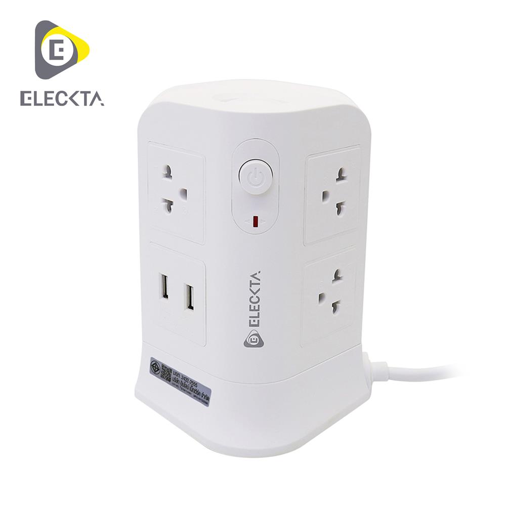 รางปลั๊กไฟทาวเวอร์ 6 ช่อง 2 สวิตช์ 4 USB ELECKTA 3 ม. สีขาว