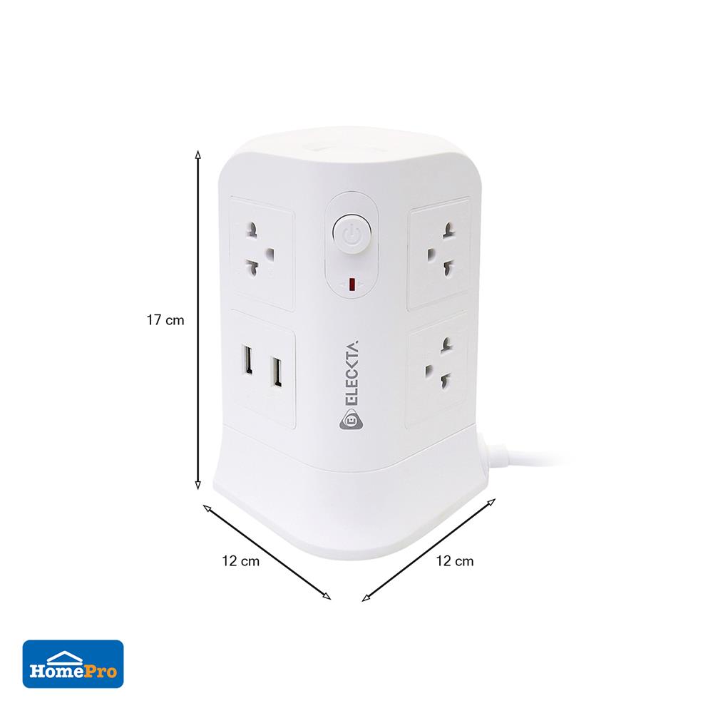 รางปลั๊กไฟทาวเวอร์ 6 ช่อง 2 สวิตช์ 4 USB ELECKTA 3 ม. สีขาว
