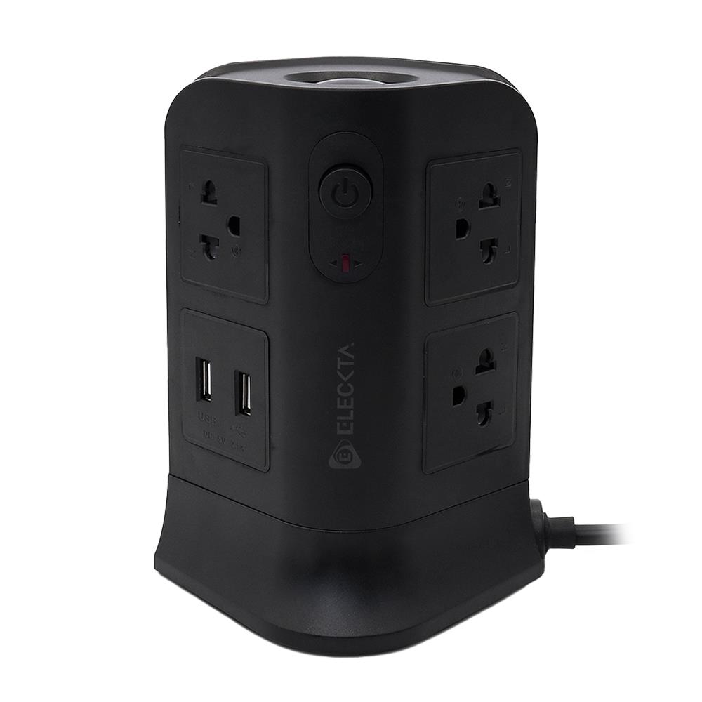 รางปลั๊กไฟทาวเวอร์ 6 ช่อง 2 สวิตช์ 4 USB ELECKTA 3 ม. สีดำ_1