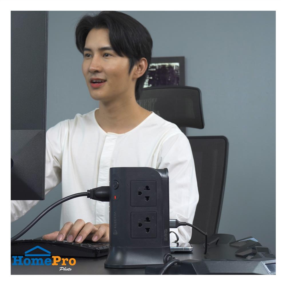 รางปลั๊กไฟทาวเวอร์ 6 ช่อง 2 สวิตช์ 4 USB ELECKTA 3 ม. สีดำ