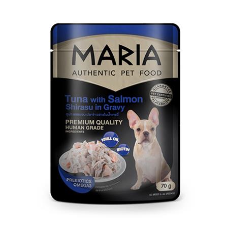 อาหารเปียกสุนัข MARIA รสทูน่า แซลมอน ปลาข้าวสารในเกรวี่ 70 ก.